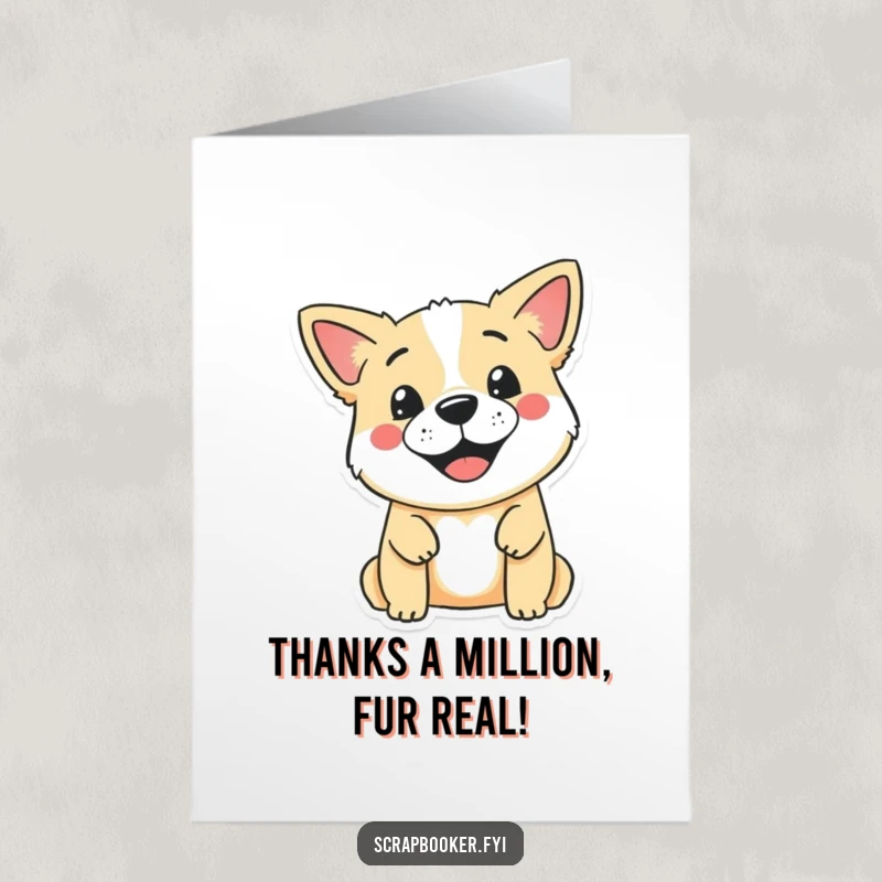 Funny Free Printable Thank You Card: A smiling dog stamping a cute, decorative design onto a blank page with enthusiasm.