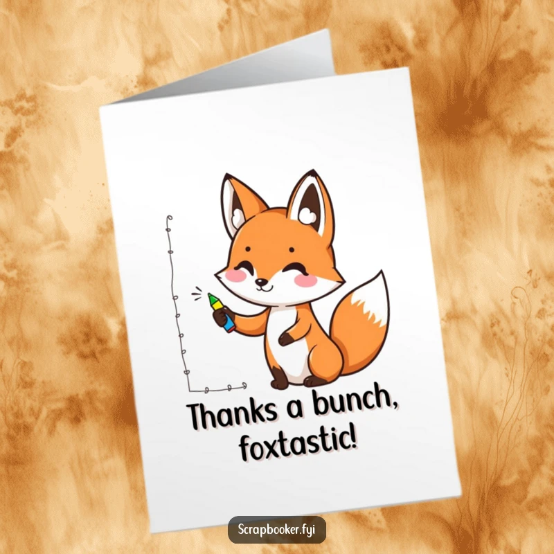 Funny Free Printable Thank You Card: A smiling fox using a marker to draw a decorative border, conveying thanks artistically.