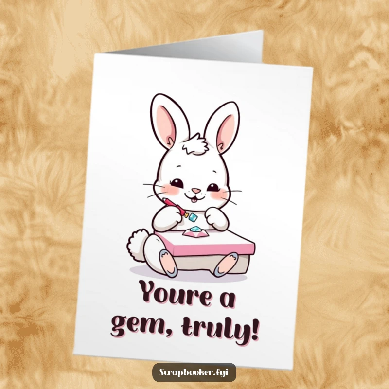 Funny Free Printable Thank You Card: Playful bunny using a gem to decorate a project, expressing thanks with a sparkly, humorous touch. Downloadable.