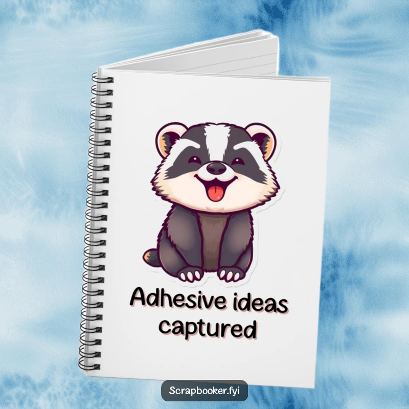 Funny notebook cover featuring a badger with eyes alight with focused joy, pressing down a sticker. Perfect for note-taking and creative expression.