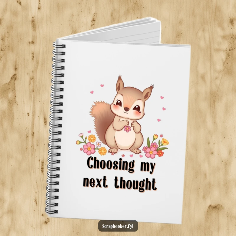 Funny notebook with a curious squirrel carefully choosing decorative embellishments, perfect for jotting down design ideas and inspiration.