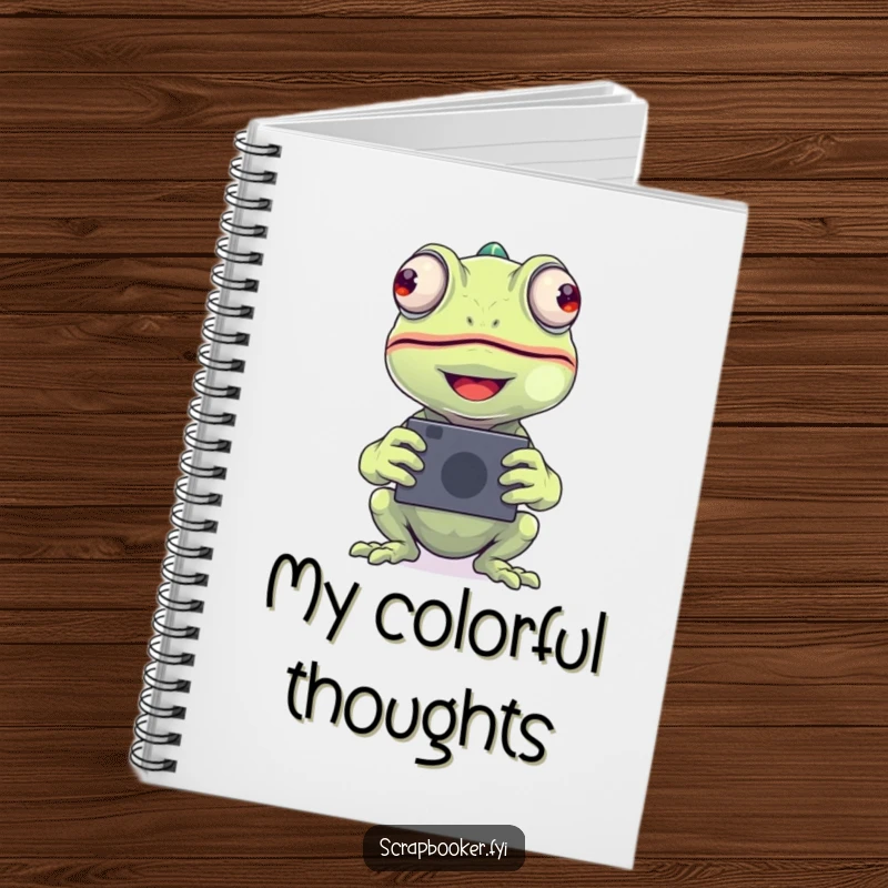 Funny chameleon photo notebook featuring a beaming chameleon, perfect for jotting notes and as a funny gift.