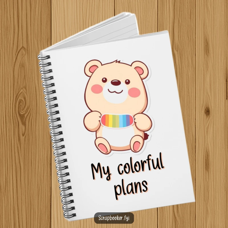 Funny notebook with a happy bear adding a colorful sticker to a page with delight, perfect for jotting creative thoughts.