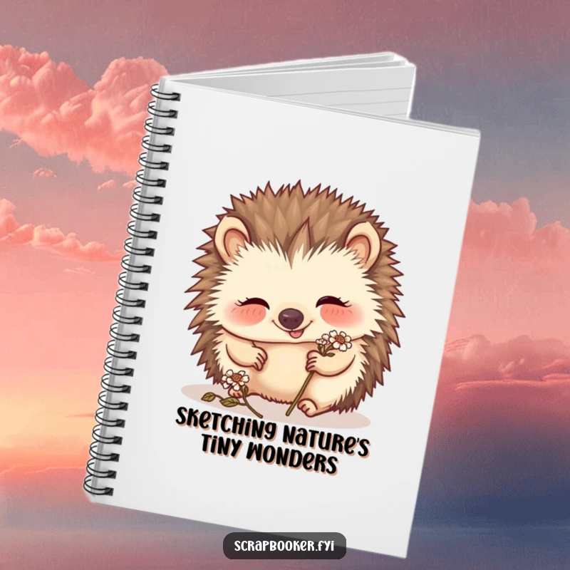 Funny hedgehog notebook featuring a giggling artist meticulously placing a tiny dried flower, perfect for jotting creative thoughts.