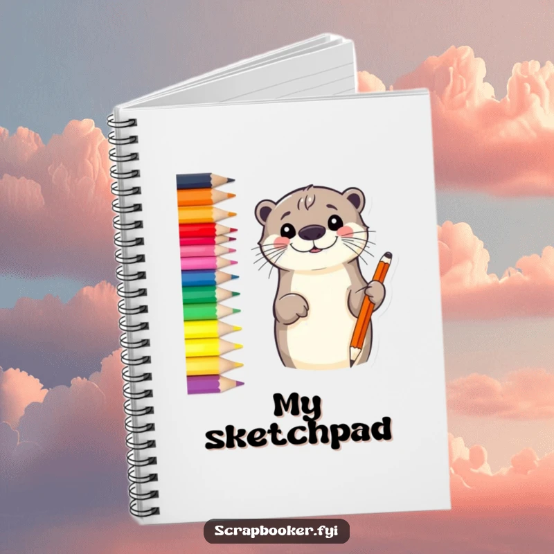 Funny otter notebook with a smiling otter sketching a border with a vibrant colored pencil, perfect for creative journaling.