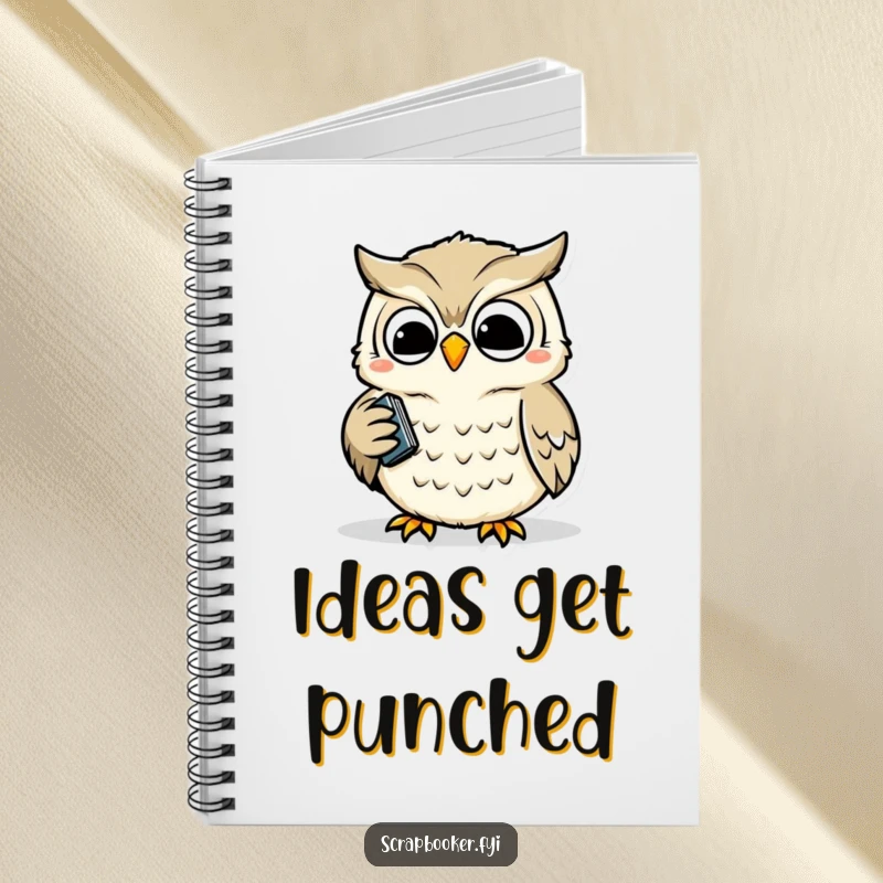 Funny notebook featuring a wise owl happily and precisely using a hole punch, ideal for planning and organized note-taking.