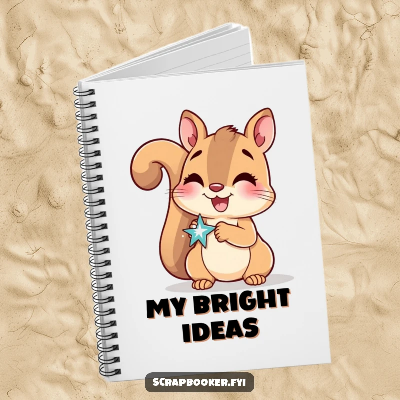 Funny Notebook featuring a delighted squirrel smiling while applying a sparkly sticker, perfect for creative journaling.