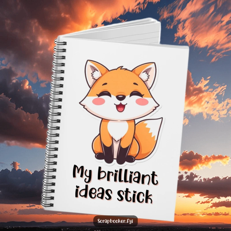 Funny fox notebook with a delighted fox gluing decorative paper, ideal for journaling and creative notes. Great gift.