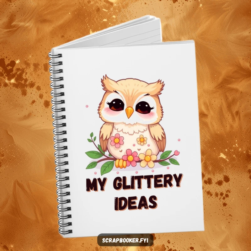 Funny giggling owl attentively arranging flower sequins on the cover of a notebook, ideal for creative writing.