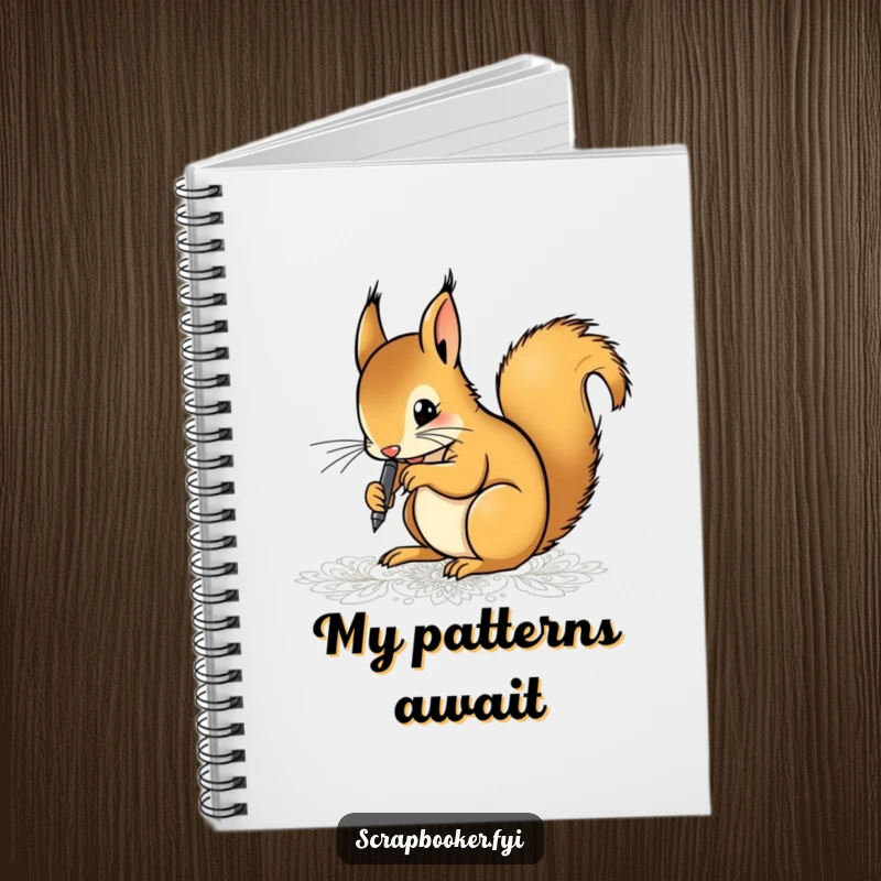 Funny notebook with a determined squirrel artist drawing intricate patterns using a fine-tip pen, inspiring creativity and focus.