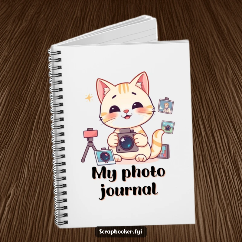 Funny Notebook featuring a happy cat focused on organizing photographs, perfect for journaling memories.
