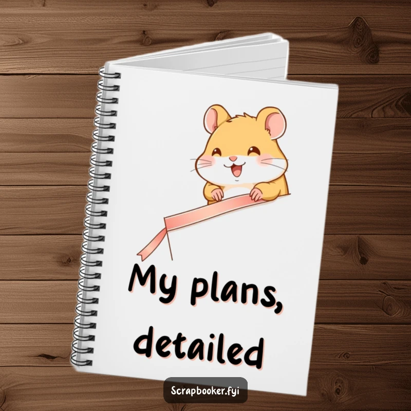 Funny notebook showcasing a happy hamster carefully taping a ribbon to a page, great for journaling.