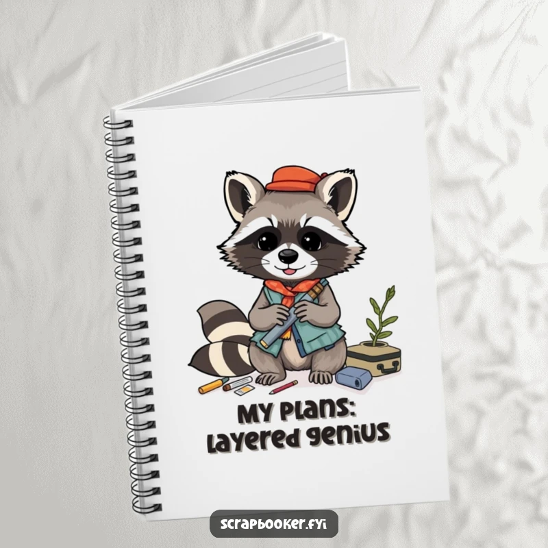 Funny raccoon notebook, playfully crafting a layered collage with various materials, perfect for jotting creative thoughts.