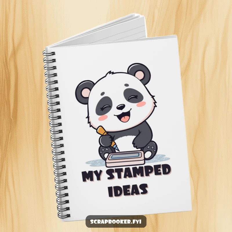 Funny notebook cover with a giggling panda stamping a pattern with an ink pad, designed for notes and joyful expression.