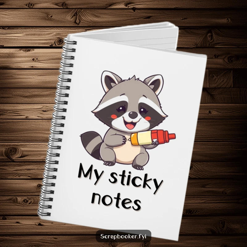 Funny notebook cover with a mischievous raccoon grinning while holding a glue stick, designed for creative planning and notes.