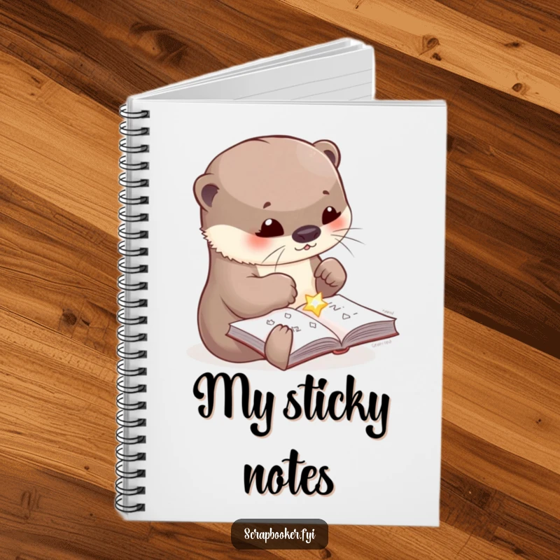 Funny notebook with a cute otter focused on gluing a shiny embellishment to a craft page, ideal for jotting down funny thoughts.