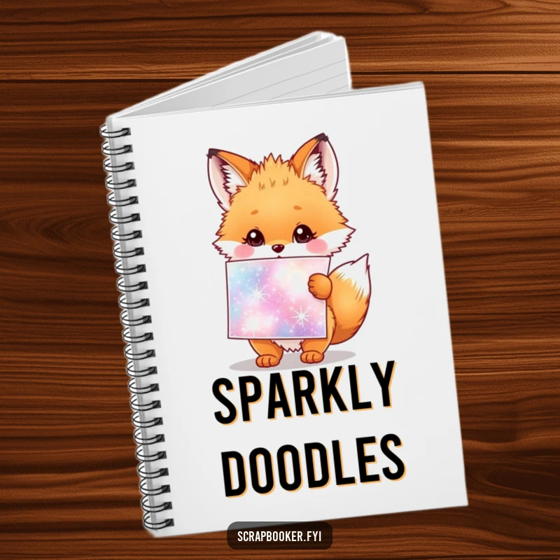Funny notebook with a fluffy fox cub holding a giant sparkly sticker sheet, ideal for creative notes.