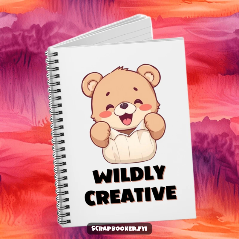 Funny notebook with a happy bear cub excitedly ripping colorful paper with its paws, ideal for creative notes.