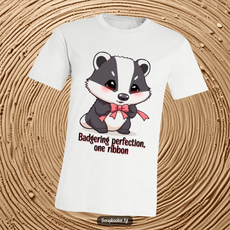 Funny t-shirt with a determined badger focused on placing a ribbon accent, a humorous depiction of crafting perfection.