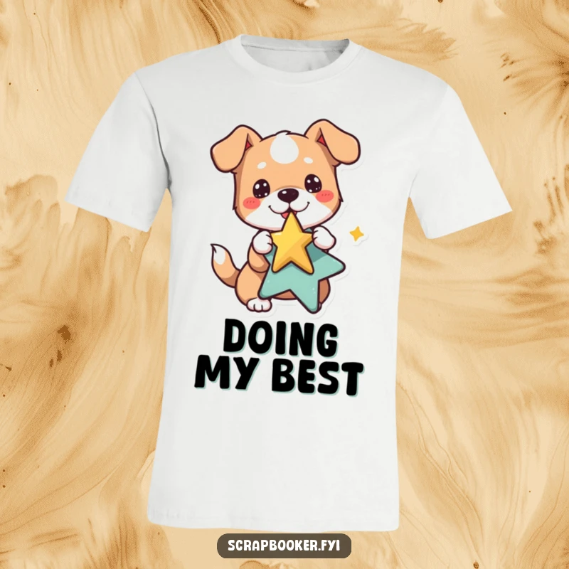 Funny dog t-shirt showcasing a playful dog pasting a star sticker, perfect for cheerful dog enthusiasts.