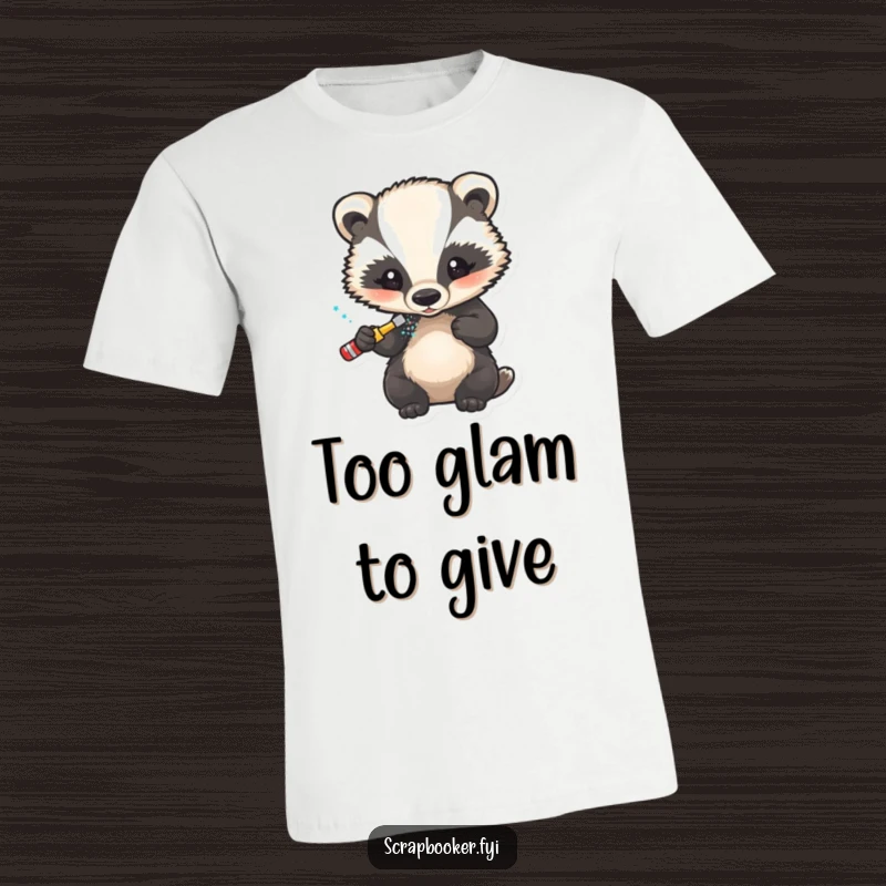 Funny t-shirt featuring a little badger carefully applying glitter to a finished craft project, great for crafters.