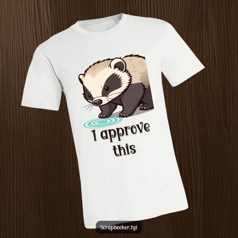 Funny determined badger pressing rubber stamp with clear impression, on a t-shirt, embodying decisive action.