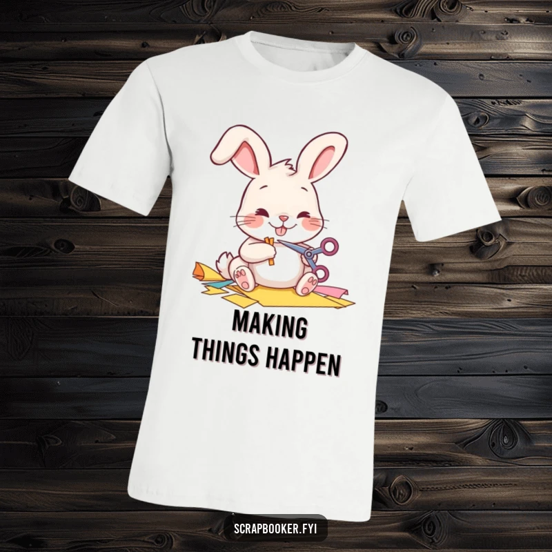 Funny T-Shirt featuring a cheerful bunny using tiny scissors to cut colorful paper, embodying creative joy.