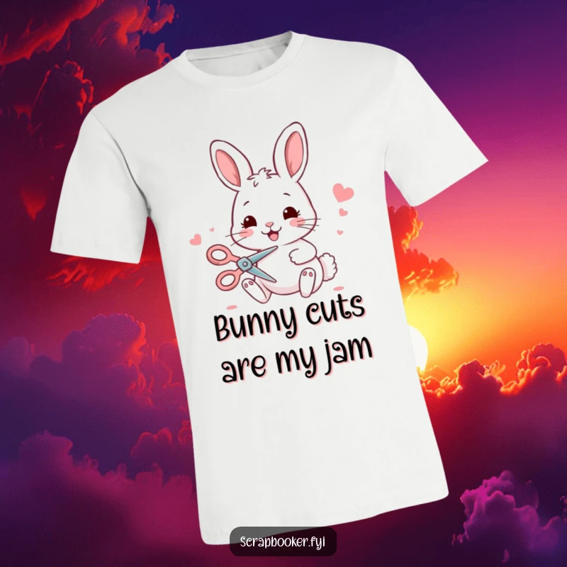 Funny bunny t-shirt showing a happy bunny with scissors, enthusiastically cutting decorative paper, perfect for craft lovers.