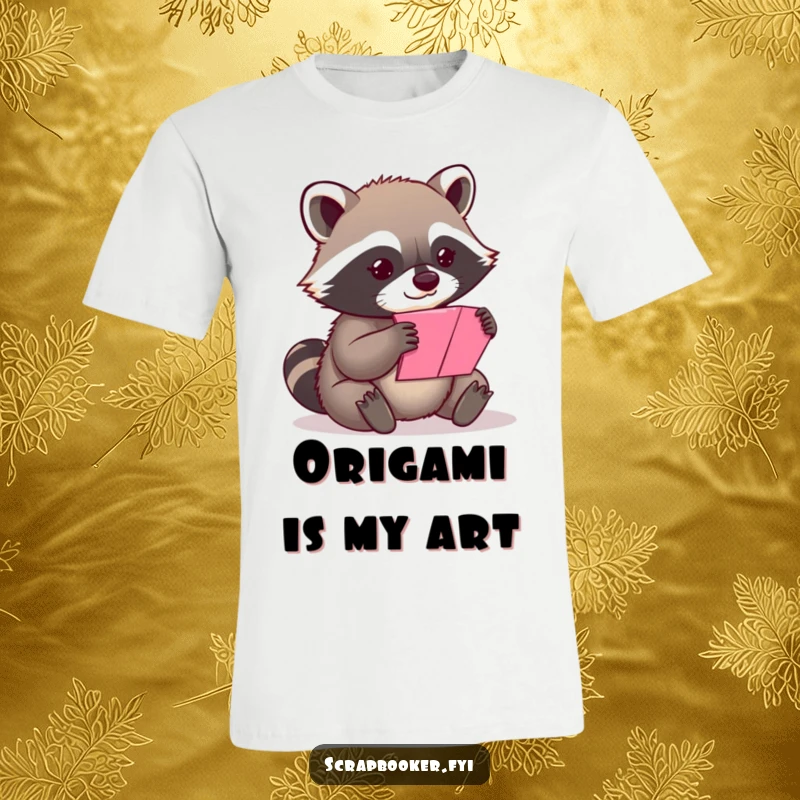 Funny content raccoon meticulously folding a colorful piece of paper on a t-shirt, a statement of calm creativity.