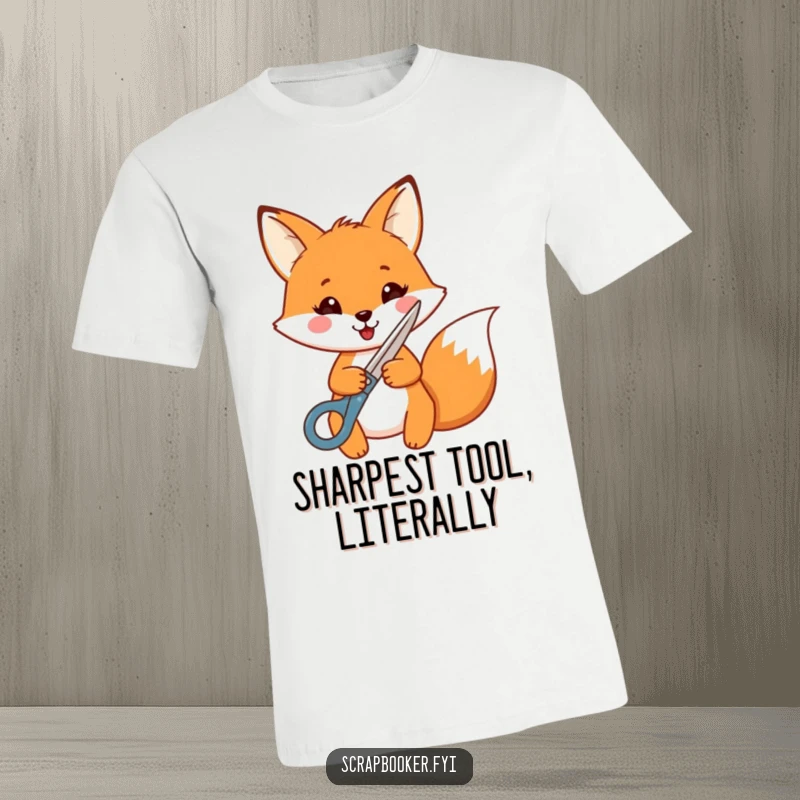 Funny Fox T-Shirt: A cheerful fox artistically cuts a shape with decorative scissors, showcasing joy and crafting passion.