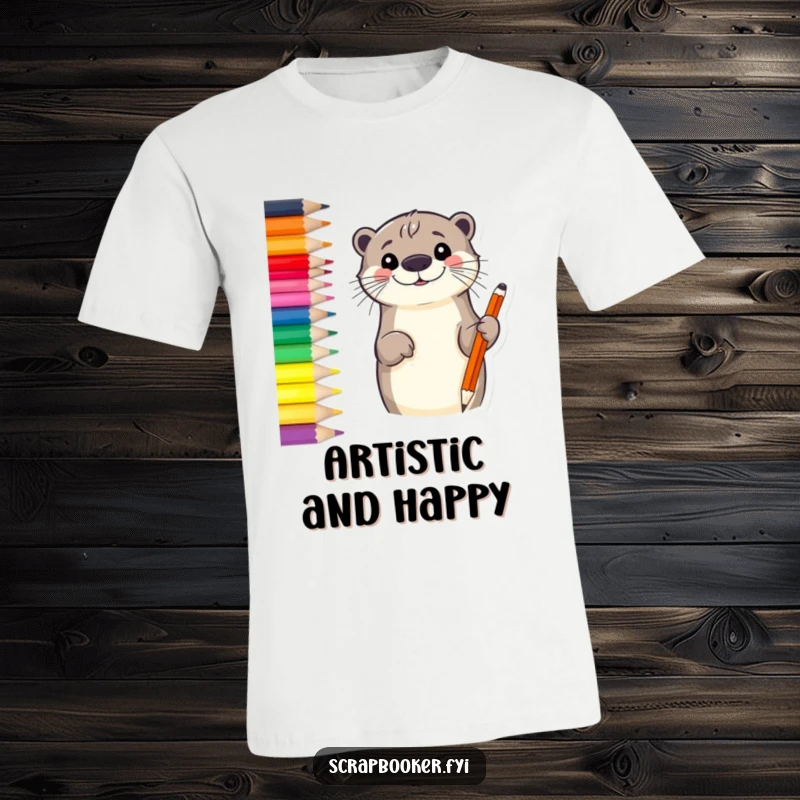 Funny otter t-shirt depicting a smiling otter sketching a border with a vibrant colored pencil, great for artistic expression.