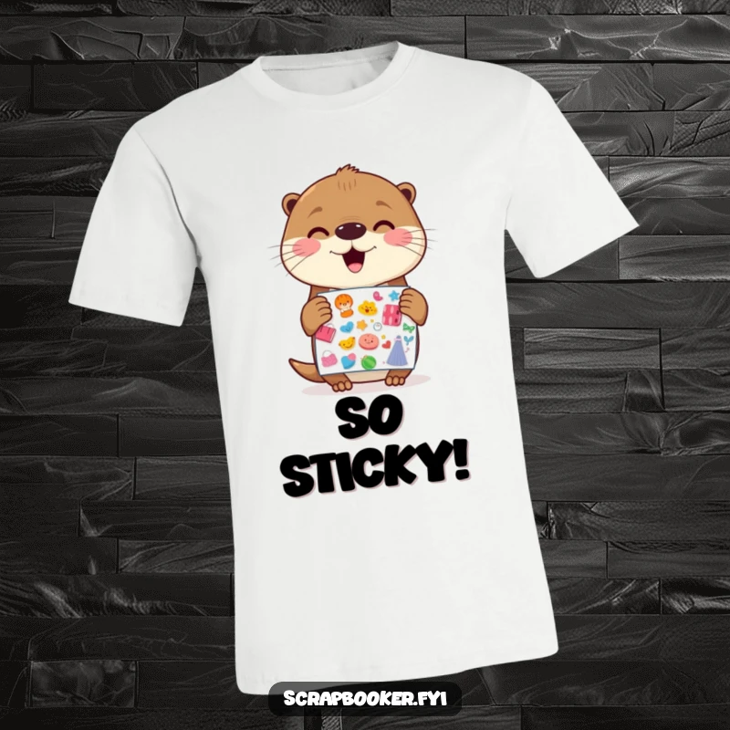 Funny Otter T-Shirt: A cheerful otter holding a vibrant sticker sheet with gleeful anticipation, perfect for expressing pure joy and excitement.