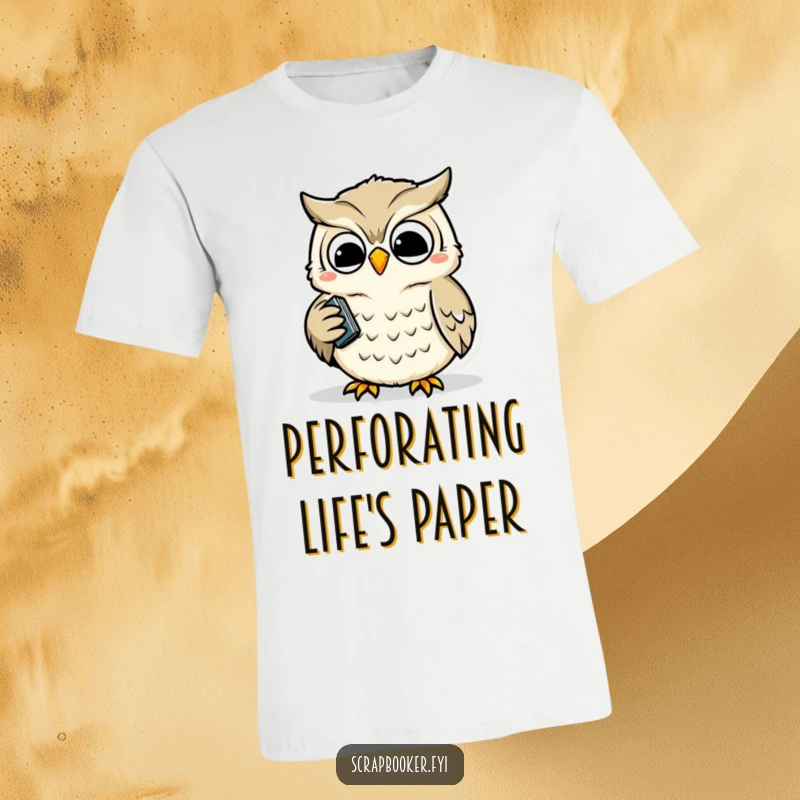 Funny t-shirt with a wise owl happily and precisely operating a hole punch, symbolizing order and cheerful productivity.