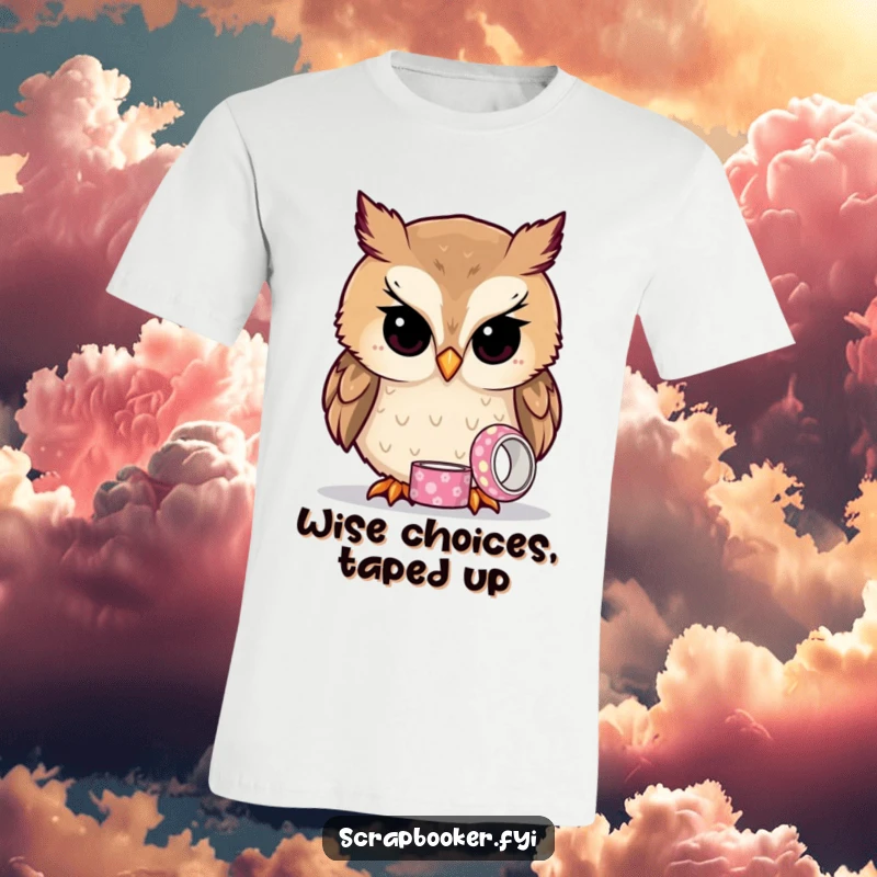 Funny owl t-shirt featuring a curious owl examining a small roll of patterned tape, ideal for detail-oriented people.