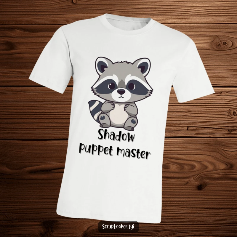 Funny t-shirt featuring a curious raccoon precisely cutting a paper silhouette with scissors, great for crafters.