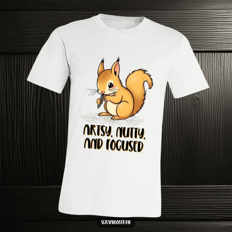 Funny t-shirt showcasing a determined squirrel drawing intricate patterns with a fine-tip pen, demonstrating extreme focus and artistic talent.
