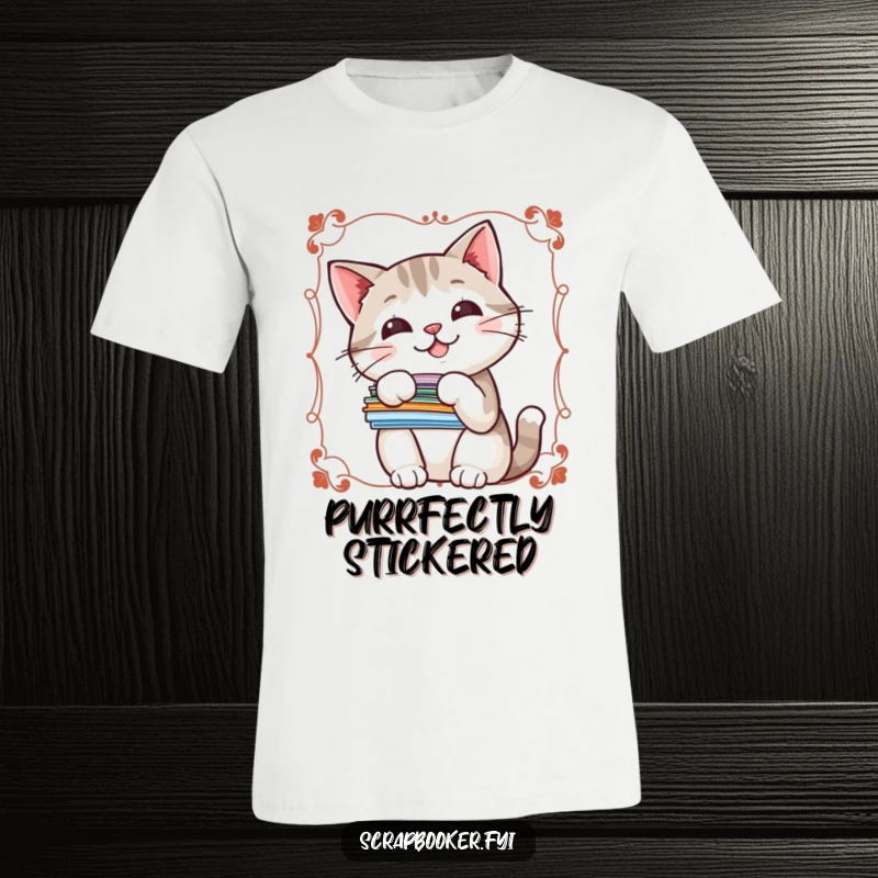 Funny t-shirt featuring a cheerful cat peeking out with a stack of stickers, celebrating feline fun.