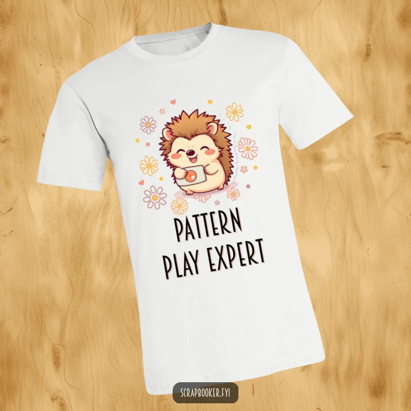 Funny t-shirt featuring a joyful hedgehog enthusiastically using a hole punch to make decorative patterns, great for crafters.