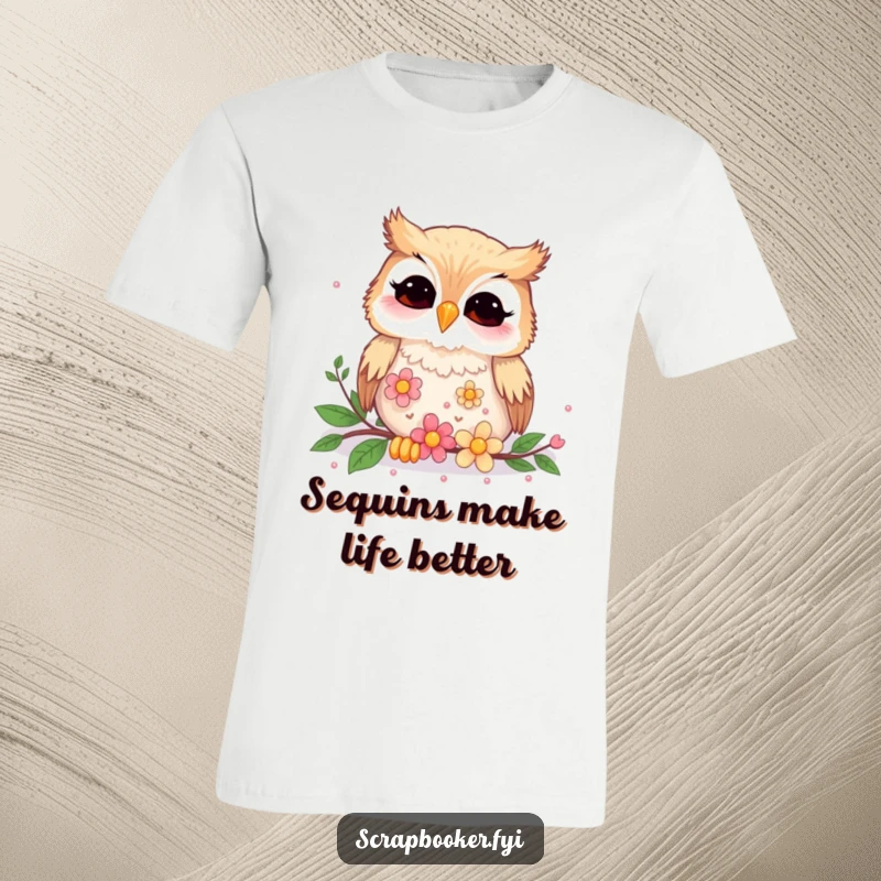 Funny giggling owl busy arranging colorful flower sequins on a t-shirt, a whimsical and humorous design.