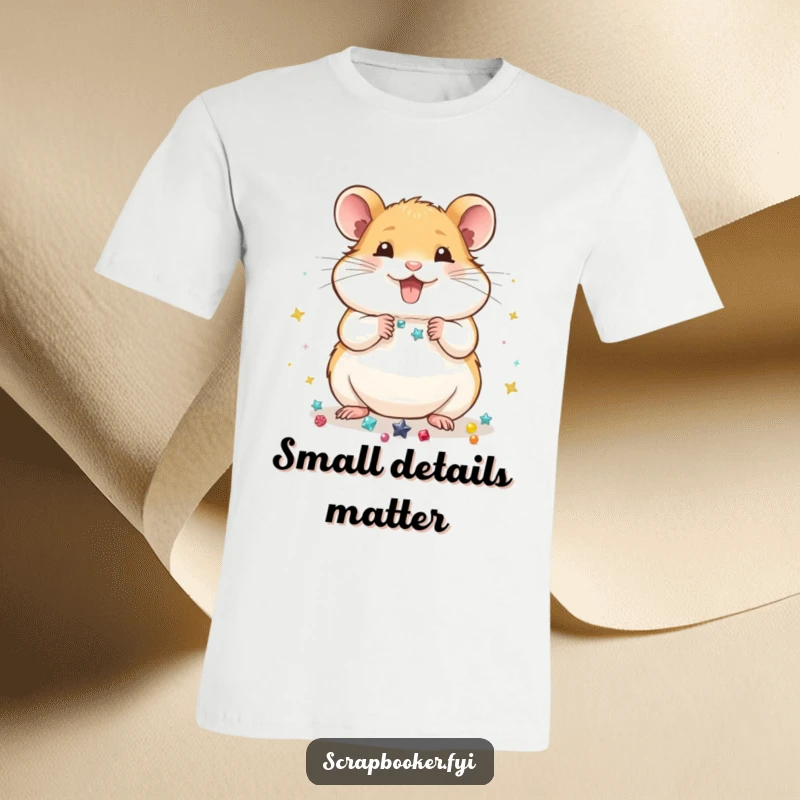 Funny T-Shirt: A happy hamster carefully placing shiny embellishments, perfect for those who love detailed crafting and cute designs.