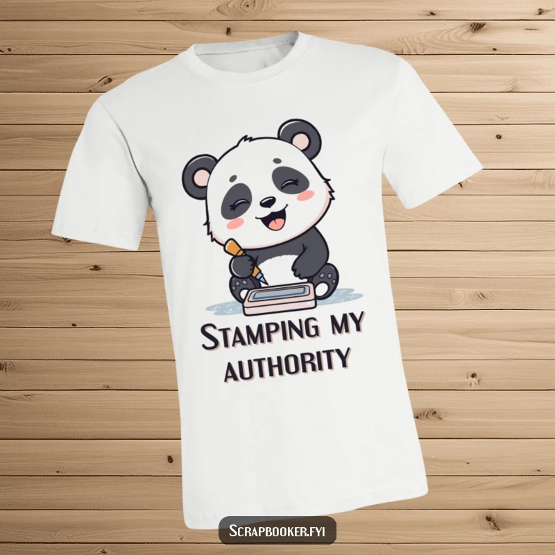 Funny t-shirt graphic of a giggling panda cheerfully stamping a pattern with an ink pad, exuding pure joy.