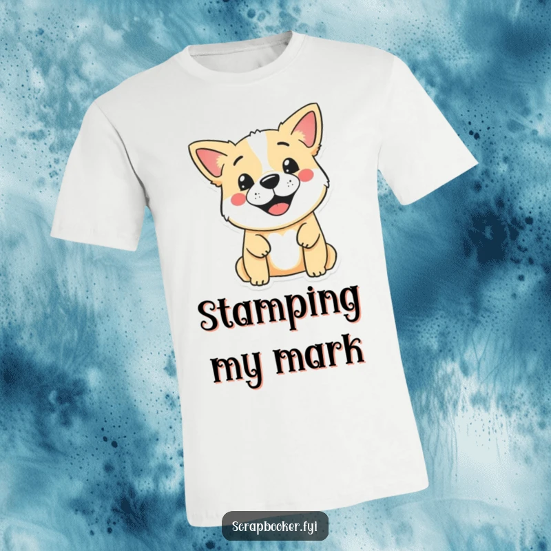 Funny t-shirt featuring a smiling dog using a stamp to create a cute design on a blank page, showcasing doggy craftsmanship.