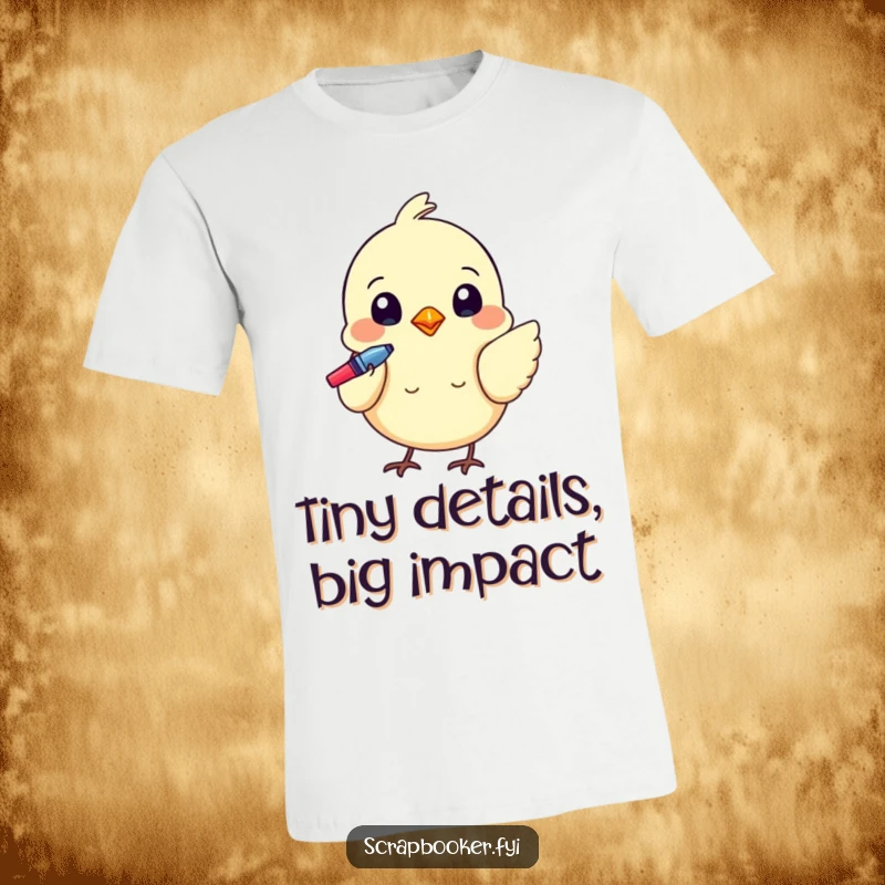 Funny t-shirt featuring a tiny bird using a colorful pen to add fine details, highlighting artistic precision.