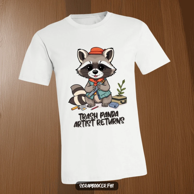 Funny raccoon t-shirt, playfully crafting a layered collage with diverse materials, celebrating creative resourcefulness.
