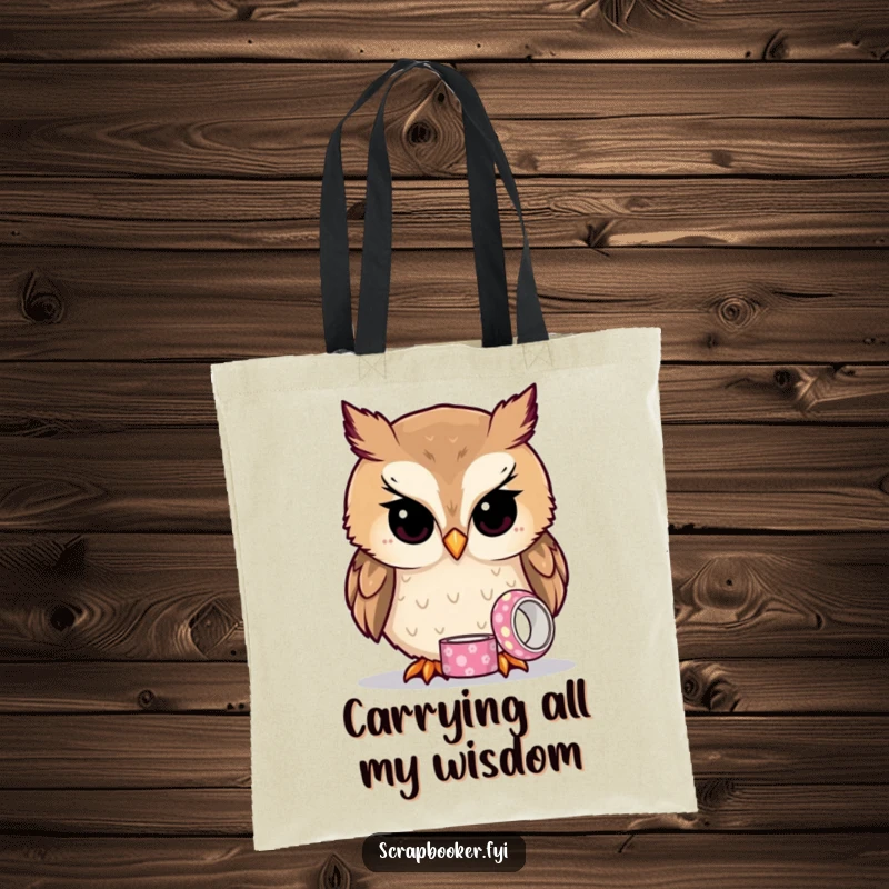 Funny owl tote bag featuring a curious owl examining patterned tape, ideal for carrying everyday items.