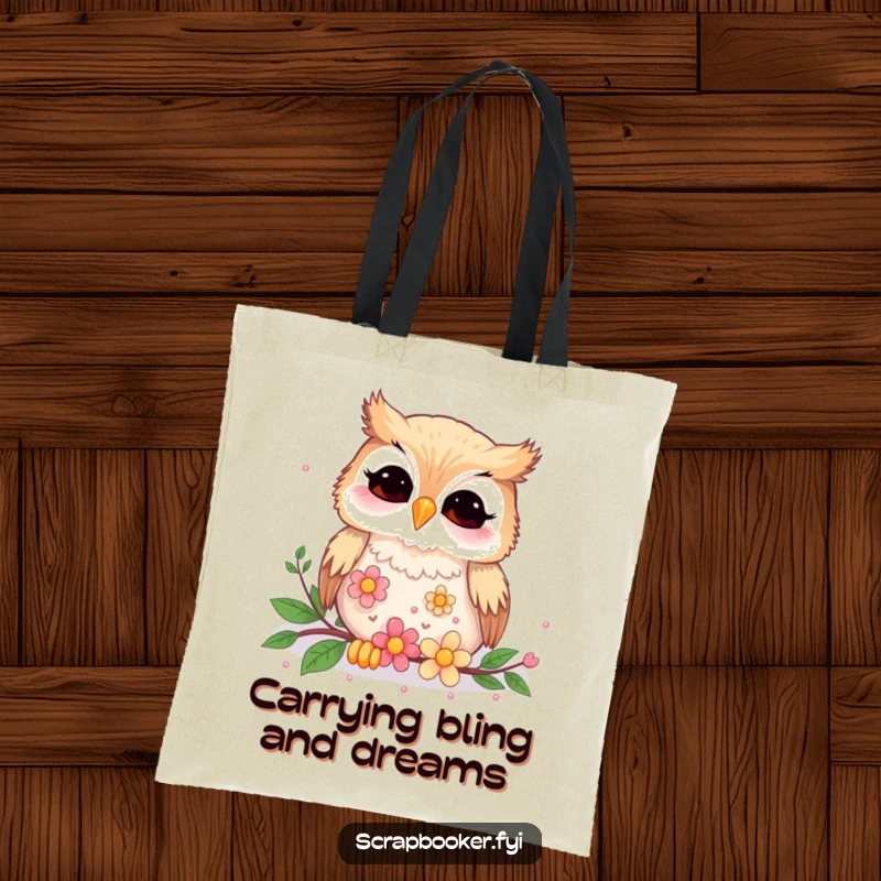 Funny giggling owl artistically placing flower sequins onto a tote bag, a humorous and practical accessory.