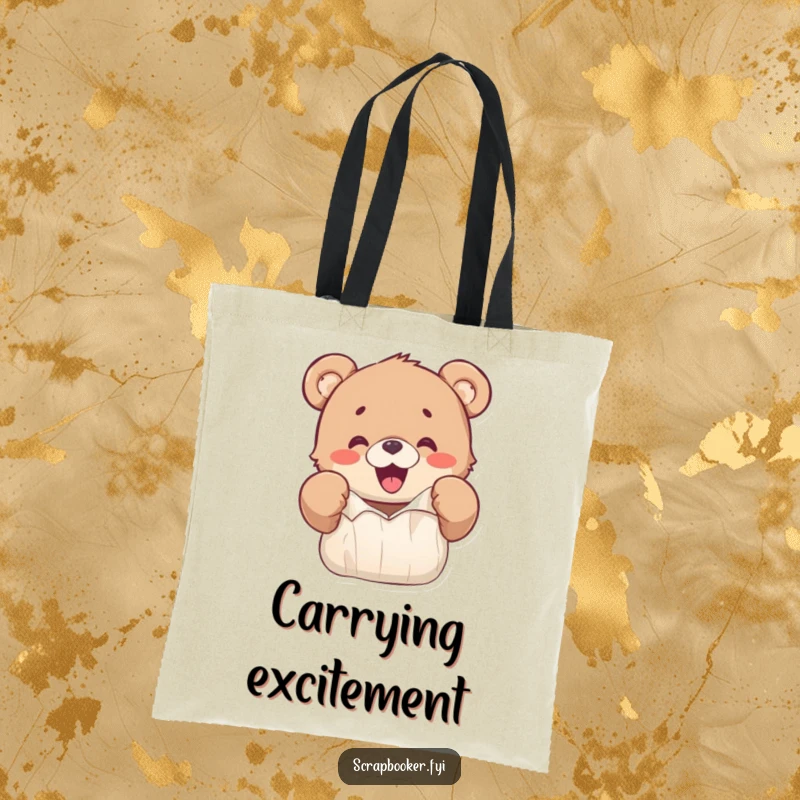 Funny tote bag with a happy bear cub excitedly ripping colorful paper with its paws, embodying playful energy.