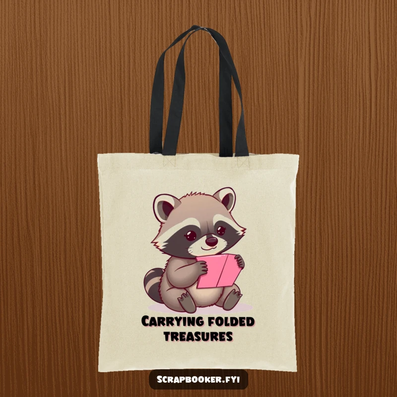 Funny content raccoon carefully folding a colorful piece of paper, printed on a stylish and humorous tote bag.