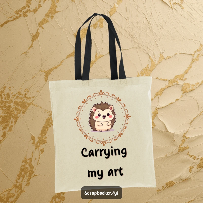 Funny hedgehog tote bag of a cheerful character drawing a decorative border, perfect for artistic carrying.
