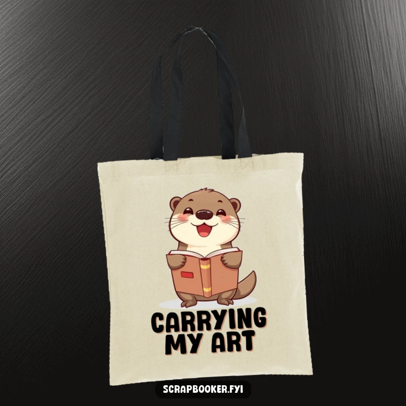 Funny otter tote bag featuring a delighted otter with a scrapbook, ideal for carrying craft supplies and as a funny gift.